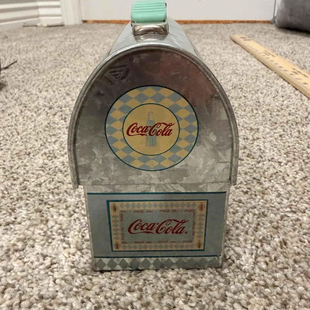 Coca-Cola Workbox Tin Dome Lunch Box Style Storage Blue Galvanized Metal 6x5x3in